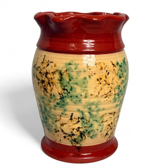 1984 Jeff White Spongeware Pottery Vase Americana Redware Signed M.E.L. 1984 - Picture 1 of 9